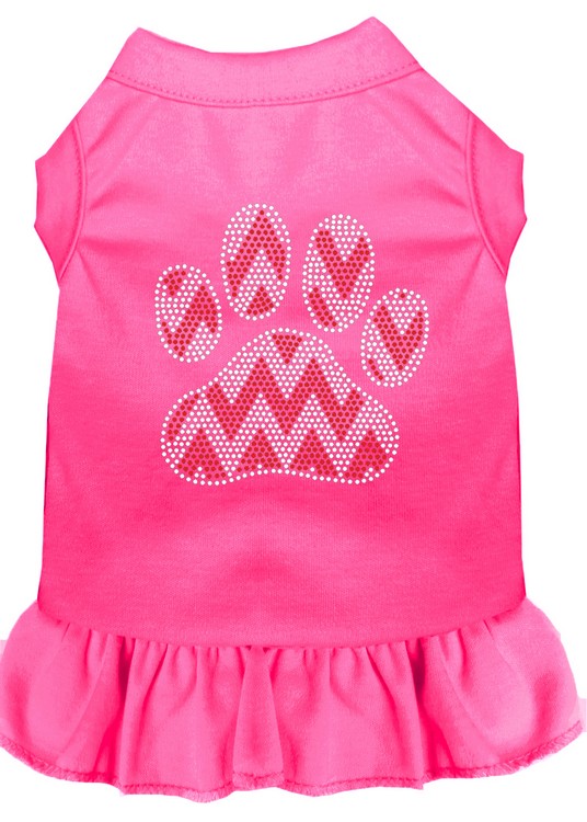 Candy Cane Chevron Paw Rhinestone Dog Dress Bright Pink Sm